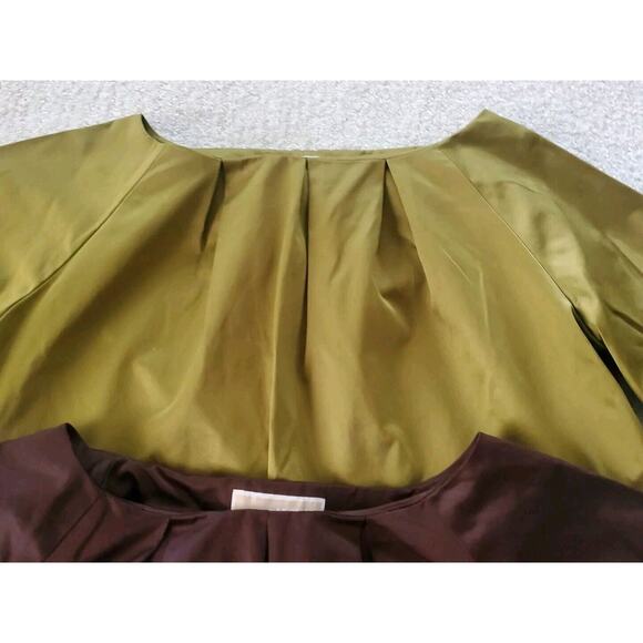 2 Michael by Michael Kors Med Short Sleeve Pleated Satiny Tops Green & Brown - Picture 5 of 14